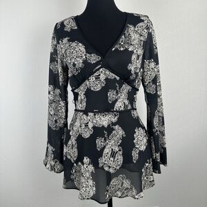 Y2K Sheer Baroque Print Empire Waist Flowy Long Sleeve Top Sz 6 Boho Goth Fairy